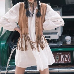 NWOT Bohemian White Dress with Suede Vest